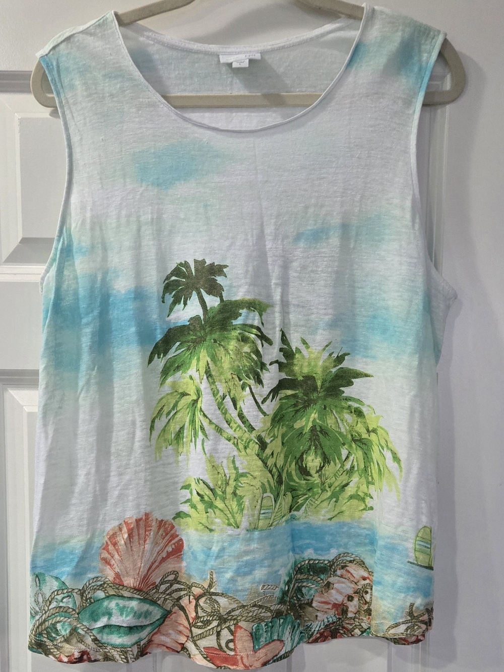 J. Jill Linen White Tropical Palm Island Graphic Tank Top